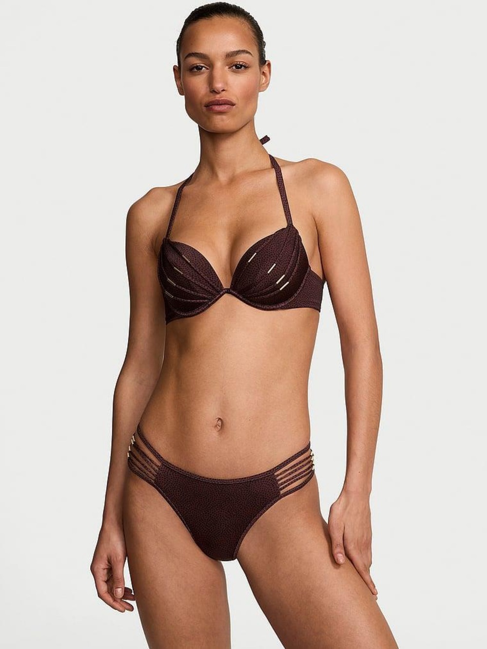 VS Textured Dark Brown Halter Push-Up Bikini Top and Strappy Bottom